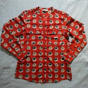 Calvin Klein Poppy Floral Print Long Sleeve Button Down Red Shirt Womens Size XS